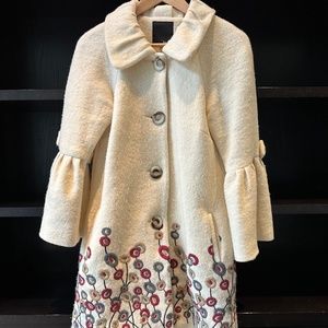 Felted wool coat with bell sleeves, embroidery, size 6